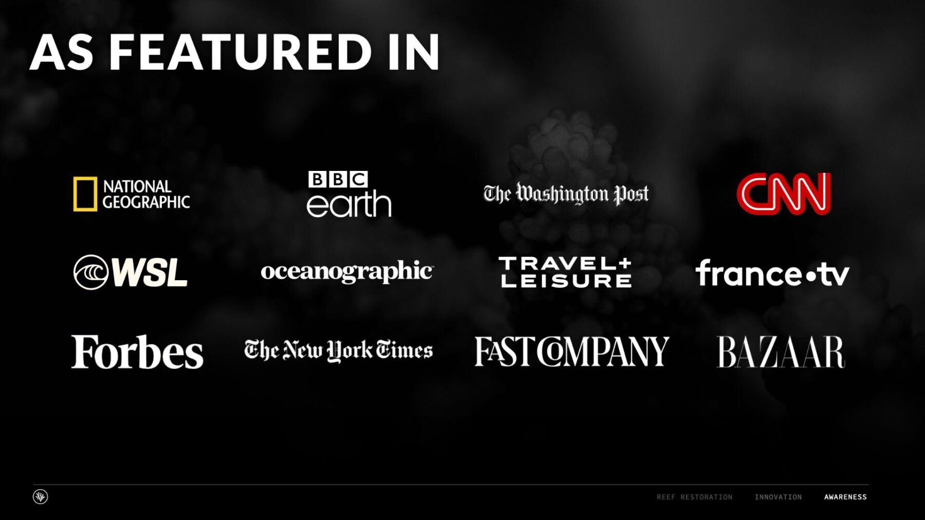 Logos von National Geographic, BBC Earth, CNN, Forbes, The New York Times und weiteren Medien, die über Coral Gardeners und ihre Arbeit zum Schutz der Korallenriffe berichten