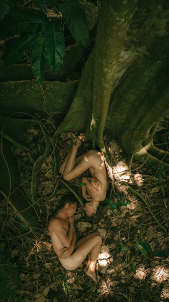 Zwei Menschen nackt verschlungen unter einem Baum – tiefe Verwurzelung, Identität und Selbst-Erkenntnis im Human Design