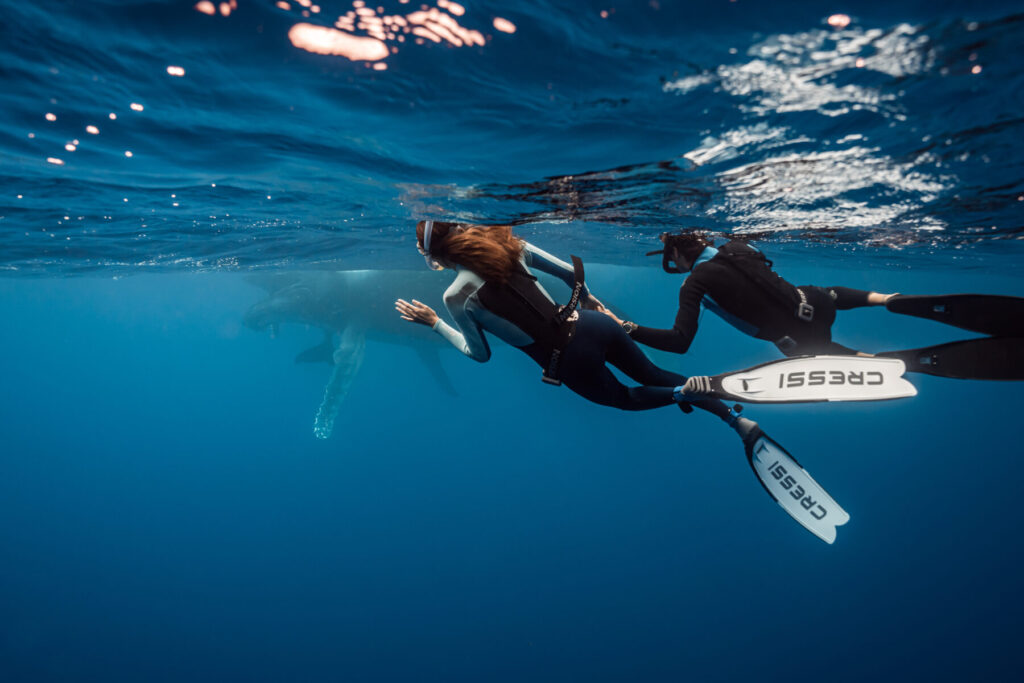 Herausforderung wählen – Zwei Taucher steigen unter einem Boot in klares Wasser, spritzende Wellen und Ausrüstung symbolisieren mutiges Eintauchen ins Unbekannte.