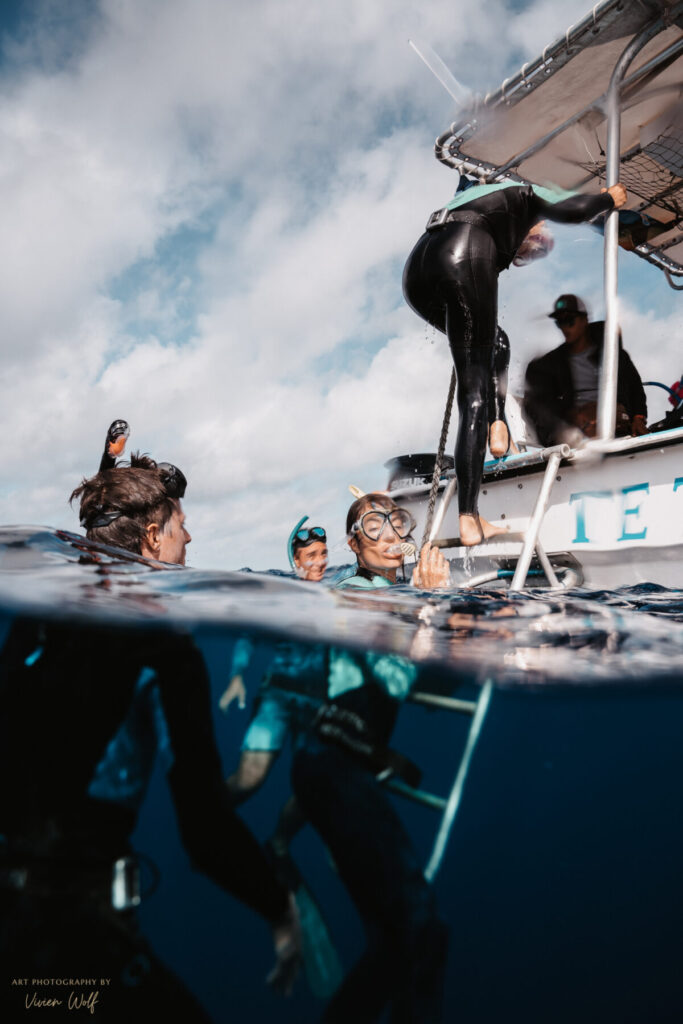 Gruppe beim Freitauchen steigt zurück ins Boot – Human Design Profil 1/3, gelebte Erfahrung, Lernen durch Erleben, Transformation