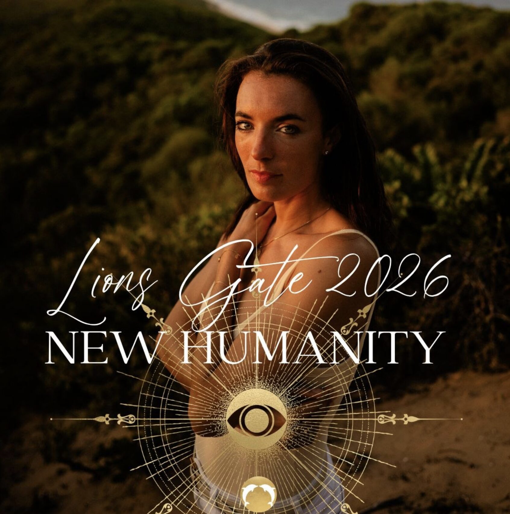 Programmcover LionsGate 2026 New Humanity von Seas of Love® mit Sophie Malik-Grimm in der Natur und goldener Geometrie