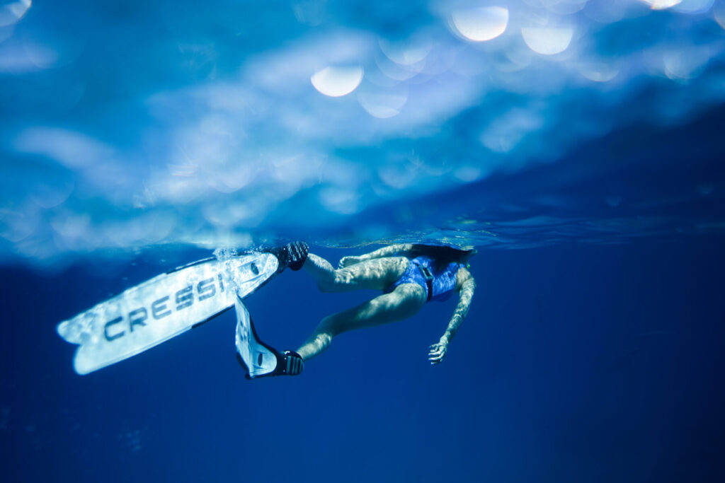 Frau freedivt ruhig unter Wasser mit Flossen – Delfinreisen und nachhaltiger Tourismus, nachhaltige Begegnung mit Meeressäugern, Schutz der Meere, bewusste Reiseerfahrung
